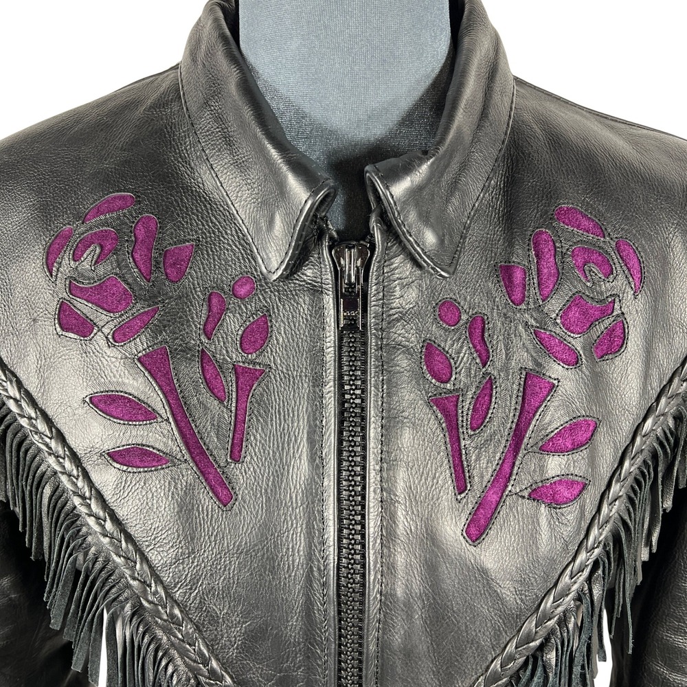 UNIK Leather Fringe Biker Jacket Small Black Purple Rose Inlay Motorcycle Goth - Picture 4 of 15
